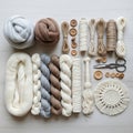 Spools of twine and thread wooden buttons and a pair of scissors are present Royalty Free Stock Photo