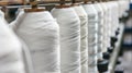 Spools of white thread arranged in a row on a textile machine. The scene highlights the textile industry and manufacturing Royalty Free Stock Photo