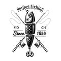 Spoon-bait fish with crossed fishing rods in engraving style. Logo for fishing or fishing shop on white