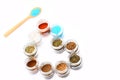 Spoon and bottles with paprika, sea salt, mustard and oregano Royalty Free Stock Photo