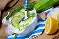 Spoon in bowl with Tzatziki - traditional Greek dressing or dip sauce, garlic, lemon, dill, cucumber, jug with oil and Royalty Free Stock Photo