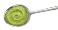 Spoon of broccoli cream soup isolated on white background. Top view Royalty Free Stock Photo