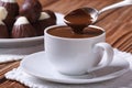 Spoon of chocolate being poured into a cup closeup Royalty Free Stock Photo