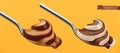 Spoon with chocolate and caramel. Swirl duo spread. 3d vector icon