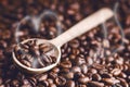 Spoon of coffee beans. Background. Energy. Raw coffee beans. Grained product. Hot drink. Close up. Harvesting. Natural Royalty Free Stock Photo