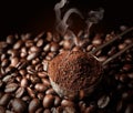 Spoon with coffee grounds and roasted beans, closeup Royalty Free Stock Photo