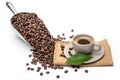 .Spoon Coffee scoop and coffee beans roasted with hot coffee cup On a chopping block wood