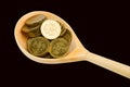 Spoon with coins on a black background Royalty Free Stock Photo