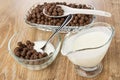 Spoon, corn chocolate balls in transparent plate, corn balls, spoon with yogurt in bowl, sauce boat with yogurt on table