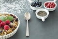 Spoon between dessert with raspberries, linseed, pomegranate grains and berries