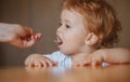 Spoon feeding baby. Mother giving healthy food to her adorable child at home. Feeding kids. Royalty Free Stock Photo