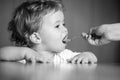 Spoon feeding baby. Mother giving healthy food to her adorable child at home. Feeding kids. Royalty Free Stock Photo