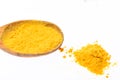 Spoon filled with ground curcuma powder. Condiments and spices concept. Spoon with spice as curcuma, yellow powder on