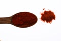 Spoon filled with ground red pepper powder. Condiments and spices concept. Spoon with spice as red pepper, red powder on