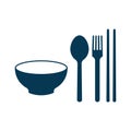Spoon, fork, chopsticks and bowl icon isolated