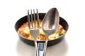 Spoon and fork close-up on the background of Ready Fried Eggs with Vegetables. Tasty breakfast Royalty Free Stock Photo