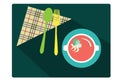 Spoon and fork with Food on green dining table , Vector Illustration