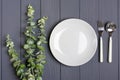 Spoon, fork, grey plate and sprig of green eucalyptus on a gray wooden background Table setting concept Royalty Free Stock Photo