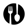 Spoon and fork Icon. Fork and spoon on a black dish icon. Restaurant icon. Vector illustration