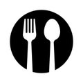 Spoon and fork Icon. Fork and spoon on a black dish icon. Restaurant icon. Vector illustration