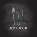 Spoon, fork and knife flat icons. Restaurant emblem template isolated on blackboard texture with chalk rubbed background.