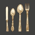 Spoon, fork, knife, gold, shadow background