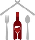 Spoon, fork, knife and Wine bottle and glass, sticker label, restaurant logo Royalty Free Stock Photo