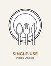 Spoon, fork, knife, plate. Single-use plastic cutlery. Vector illustration set of recycling plastic items. Food plastic cutlery Royalty Free Stock Photo