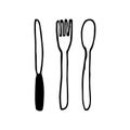 Spoon, fork, knife set icon. sketch hand drawn doodle style. vector, minimalism, monochrome. cutlery, crockery, food, table Royalty Free Stock Photo