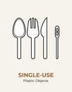 Spoon, fork, knife, stirrer, straws. Single-use plastic cutlery. Vector illustration set of recycling plastic items. Food plastic