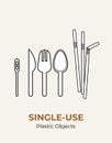 Spoon, fork, knife, stirrer, straws. Single-use plastic cutlery. Vector illustration set of recycling plastic items. Food plastic