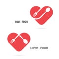 Spoon and fork logo with red heart shape vector design element. Royalty Free Stock Photo