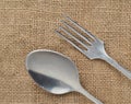 Spoon and fork on a napkin from a baggie. Top view. Royalty Free Stock Photo