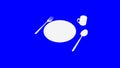 Spoon and fork and plate and cup on dark dark blue