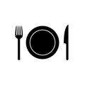 Spoon fork plate icon logo. Vector meal dish knife dinner food illustration icon Royalty Free Stock Photo