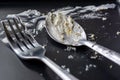 Spoon and fork stained with white cream from cake on dark background.