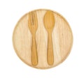 Spoon and fork in wooden plate isolated on white background,clipping path Royalty Free Stock Photo
