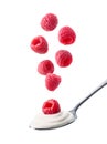 Spoon of fresh greek yogurt and falling raspberries on white background Royalty Free Stock Photo