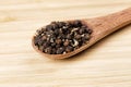 Spoon full of black peppercorns on a wooden background Royalty Free Stock Photo