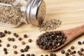 Spoon full of black peppercorns on a wooden background Royalty Free Stock Photo