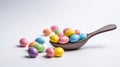 a spoon full of colorful candies on a white table top with a spoon full of candy candies on the side of the spoon Royalty Free Stock Photo