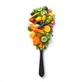 Spoon full of fresh fruits and vegetables isolated on white