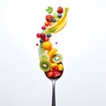 Spoon full of fresh fruits and vegetables isolated on white