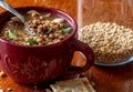 Spoon full of savory beef and barley soup Royalty Free Stock Photo