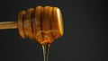 Spoon of healthy organic honey on black background. Honey dripping from wooden dipper close-up. Royalty Free Stock Photo