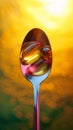 Spoon holds dietary supplements against vibrant, sunlit background Royalty Free Stock Photo