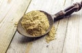 Spoon with Kava Kava root powder on wooden table closeup