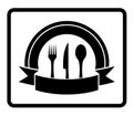 Spoon, knife, fork on black icon