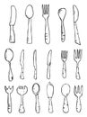 Spoon knife fork. Hand drawn isolated objects.