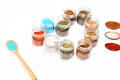 Spoon and little containers with paprika, sea salt, french mustard Royalty Free Stock Photo